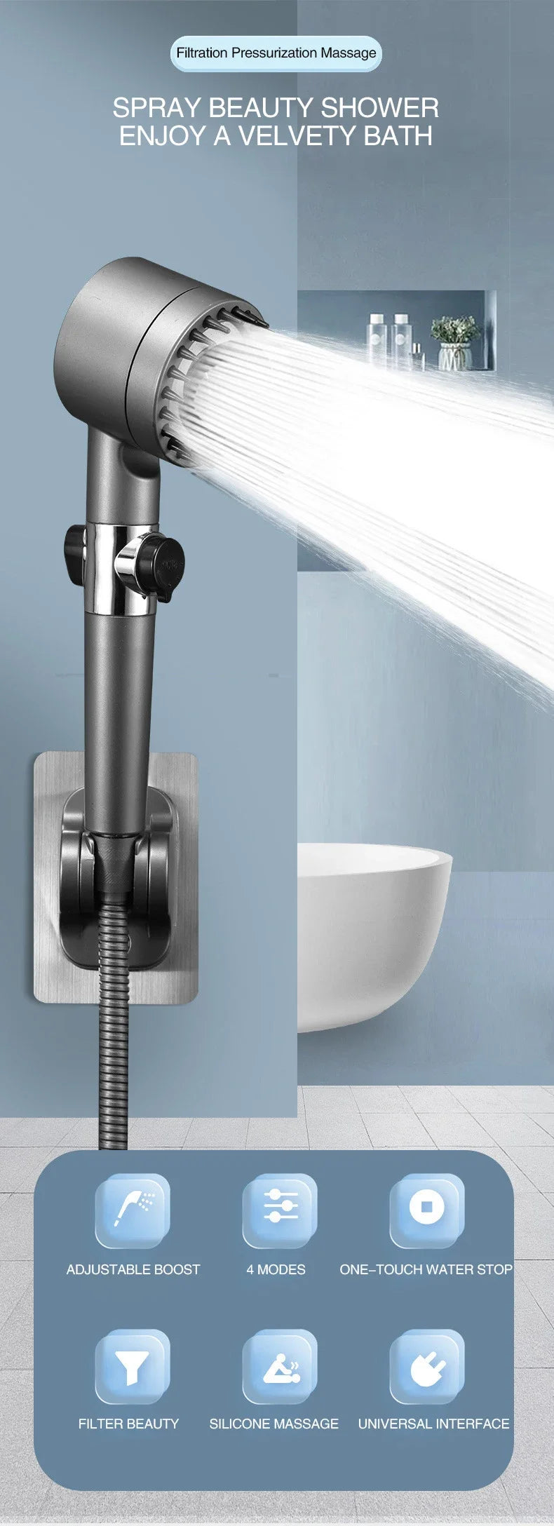 High-Pressure Filtered Shower Head with 3 Spray Modes & Built-in Massage Brush – Rainfall Bathroom Faucet Accessory