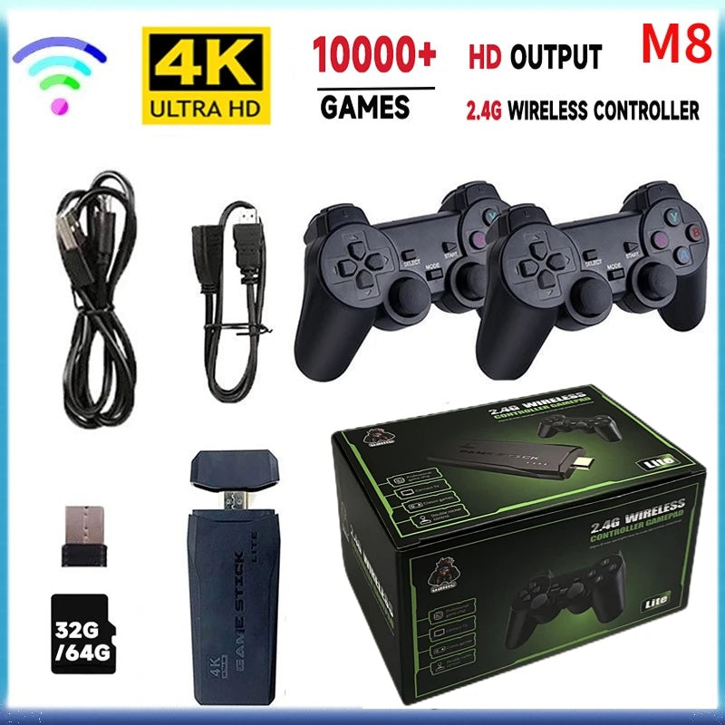M8 Retro Game Stick Console with 2.4G Dual Wireless Controllers, 4K Output, 64GB, Preloaded 10,000+ Games